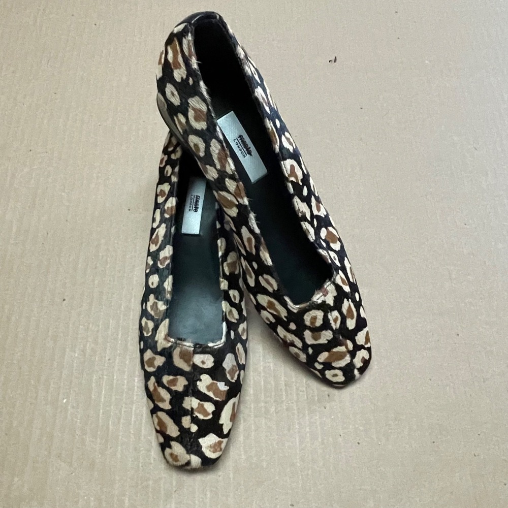 MIISTA London Leopard Pony Hair Pumps Square Toe Block Heel Shoes Sz 38 US 7.5 8